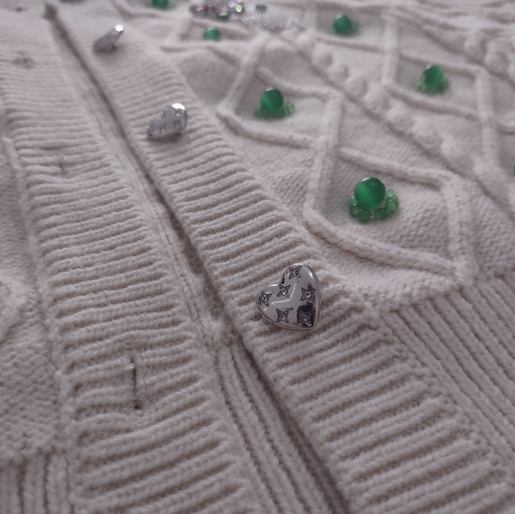 MUKZIN Wool Korean Unique Bunny Bejeweled Knitted Beige Cardigan Sweater - Picture 10 of 16